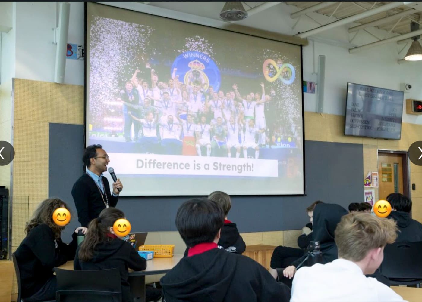 Rafael presenting a slide reading “Difference is a Strength!” to a room of students.