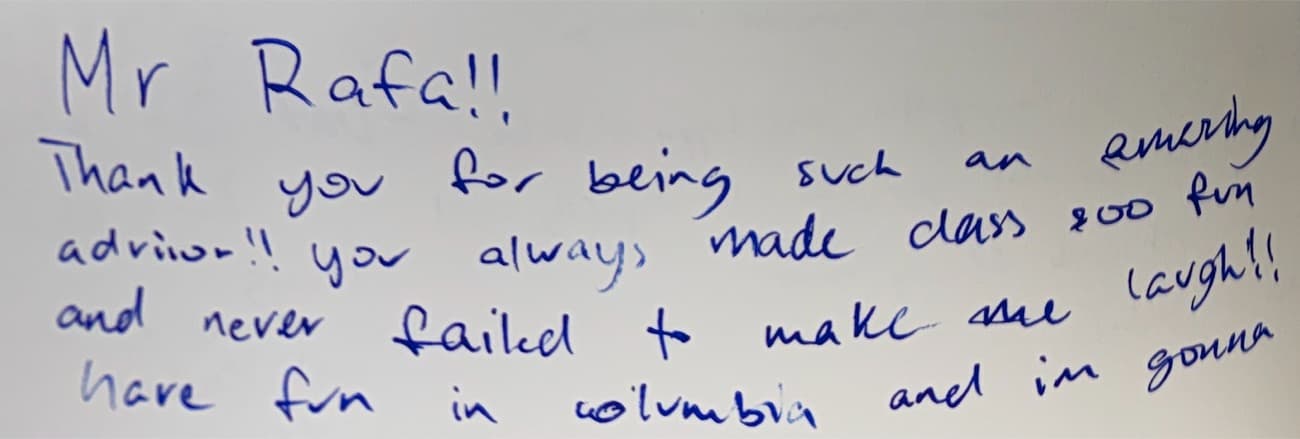 Handwritten note: Thank you for being such an amazing advisor! You always made class so fun and never failed to make me laugh!