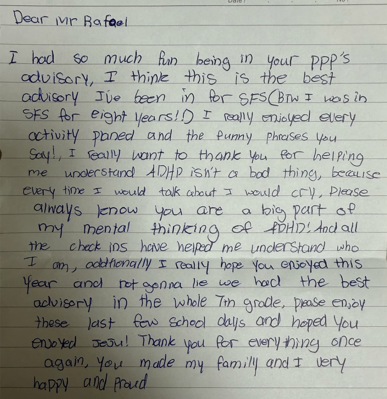 Handwritten note: I really want to thank you for helping me understand ADHD isn't a bad thing, because every time I would talk about it I would cry. Please always know you are a big part of my mental thinking of ADHD! And all the check-ins have helped me understand who I am.